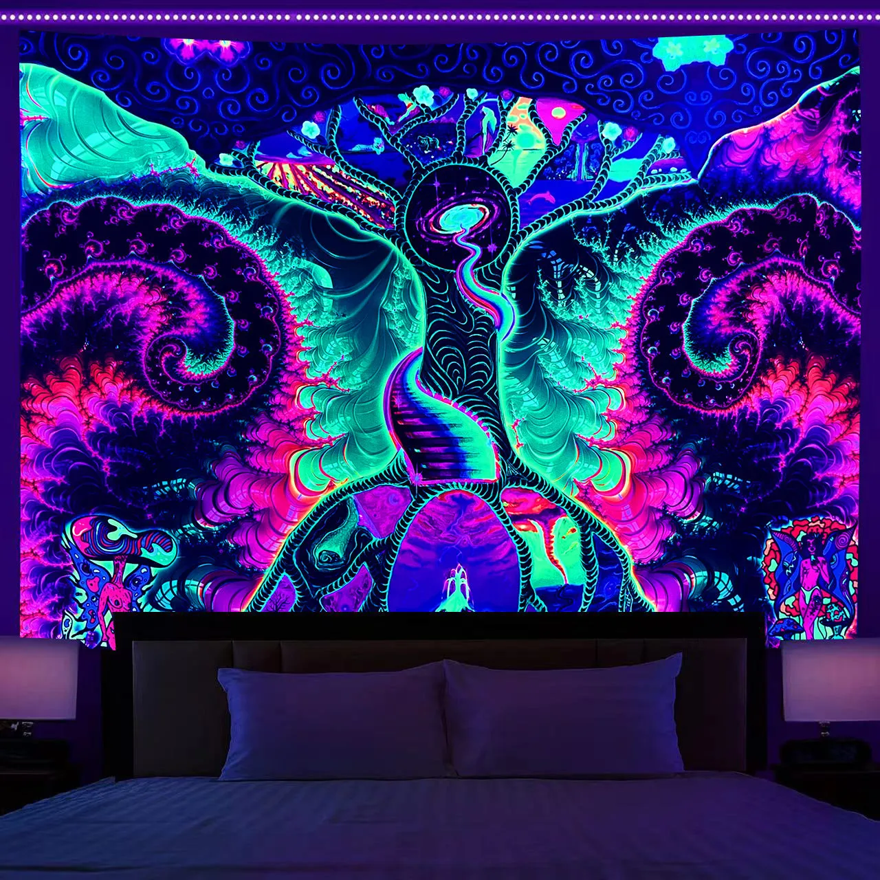 Fluorescent Tree of Life mushroom print polyester tapestry wall hanging in picture colour