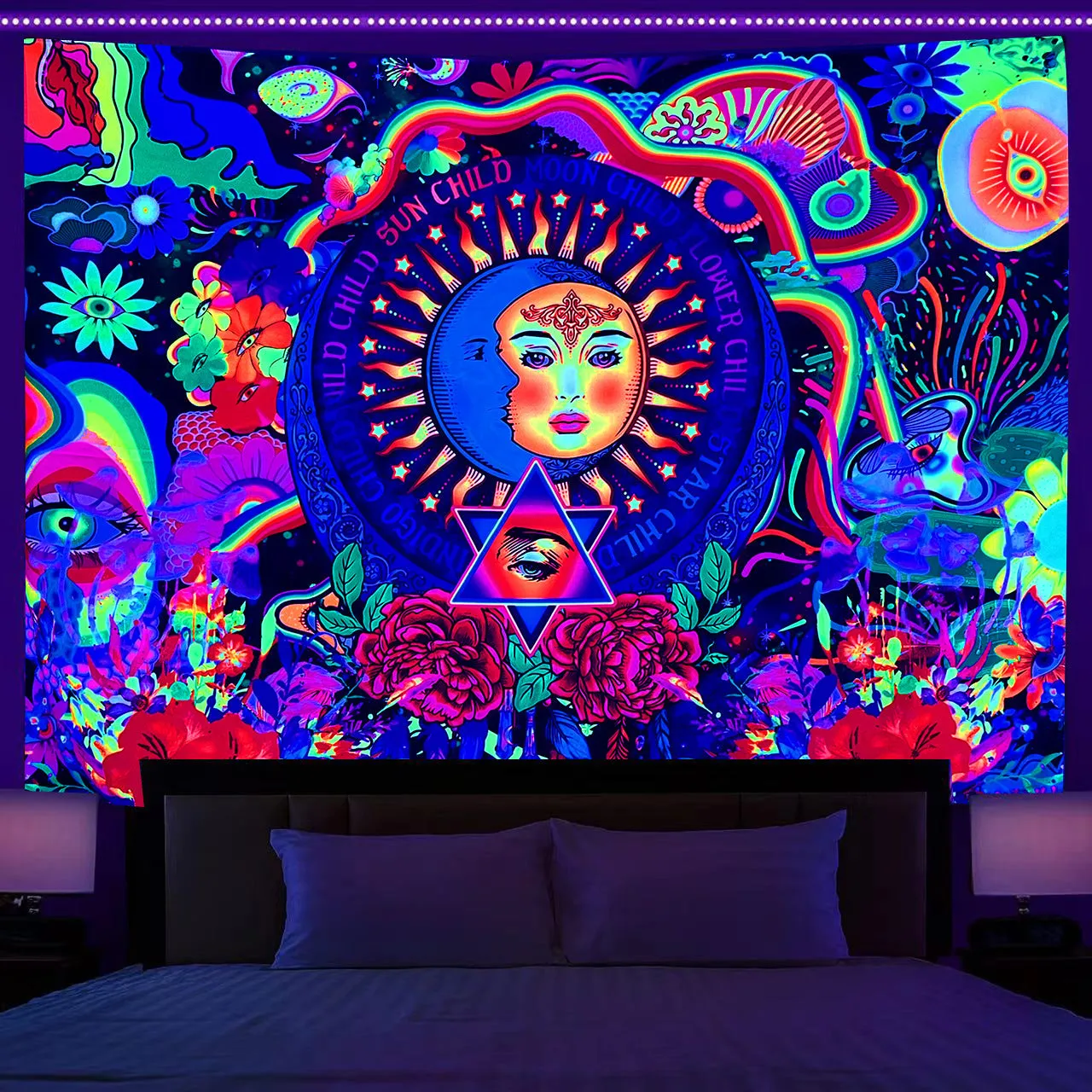 Fluorescent Tree of Life mushroom print polyester tapestry wall hanging in picture colour