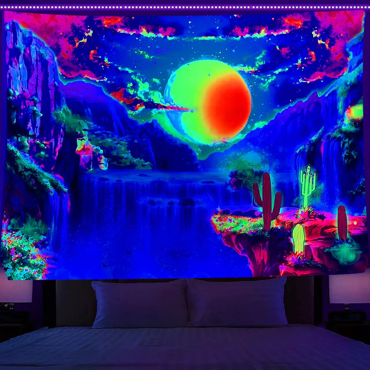 Fluorescent Tree of Life mushroom print polyester tapestry wall hanging in picture colour