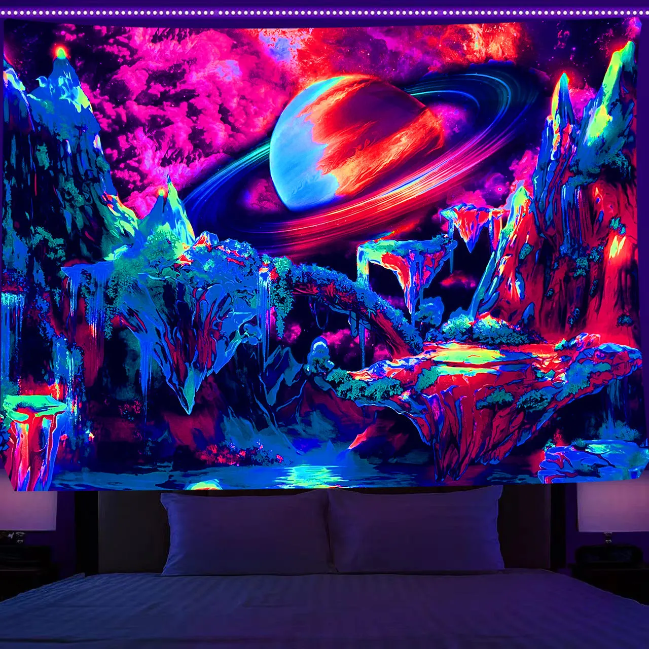 Fluorescent Tree of Life mushroom print polyester tapestry wall hanging in picture colour