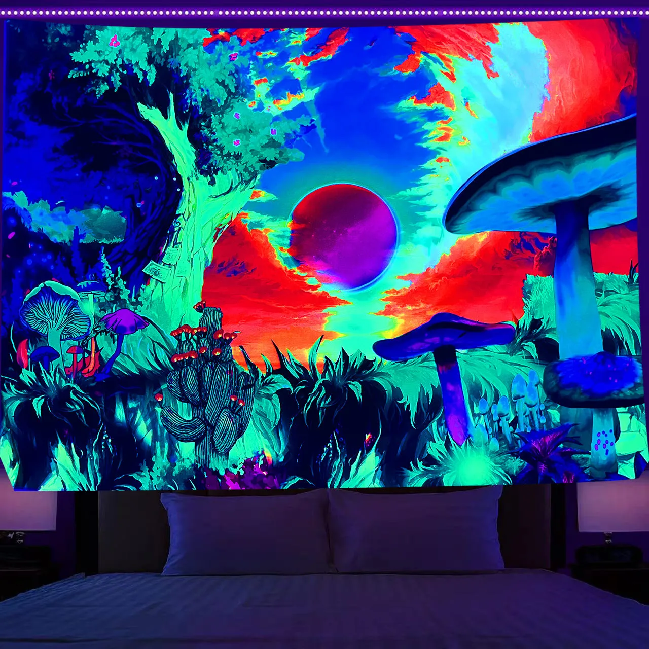 Fluorescent Tree of Life mushroom print polyester tapestry wall hanging in picture colour
