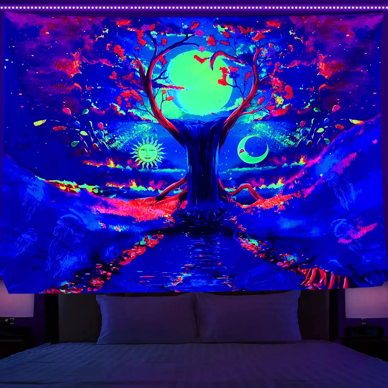 Fluorescent Tree of Life mushroom print polyester tapestry wall hanging in picture colour