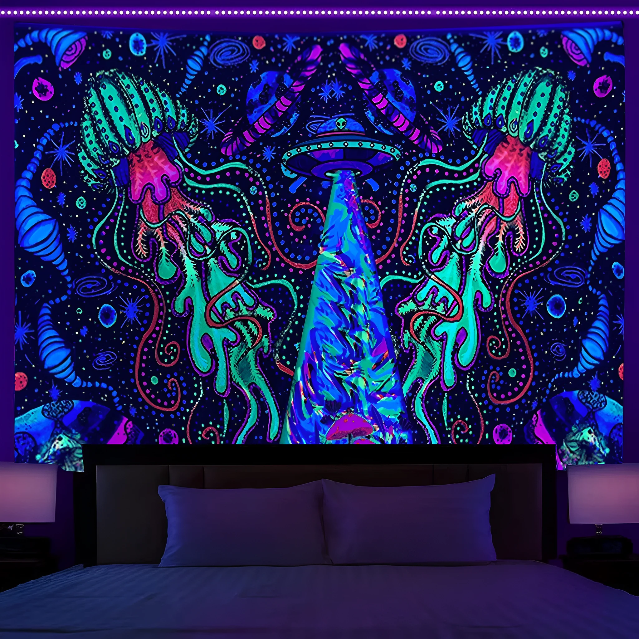 Fluorescent Tree of Life mushroom print polyester tapestry wall hanging in picture colour
