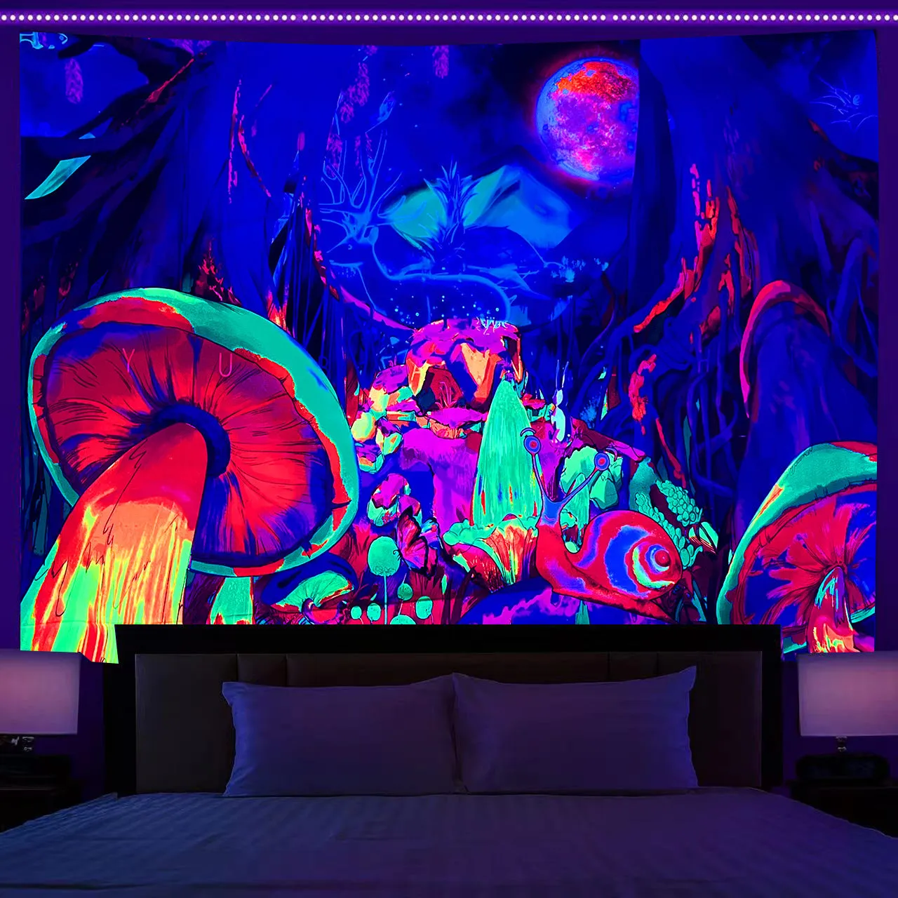 Fluorescent Tree of Life mushroom print polyester tapestry wall hanging in picture colour
