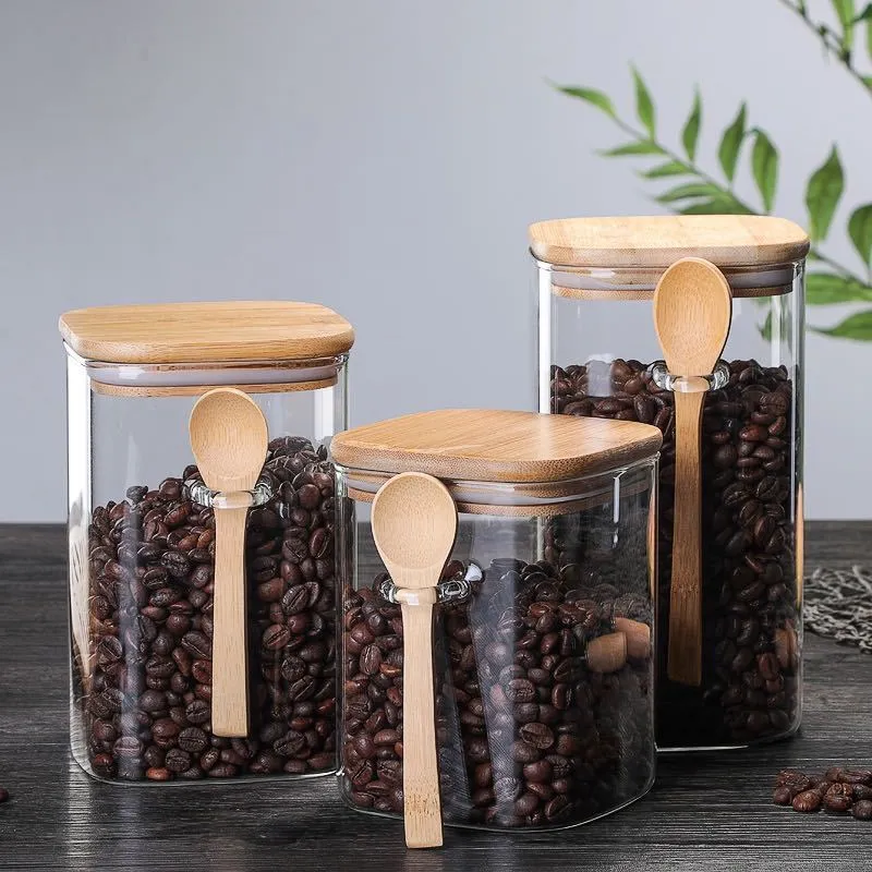 Square glass kitchen food storage can with lid in Japanese style, 1000ml capacity