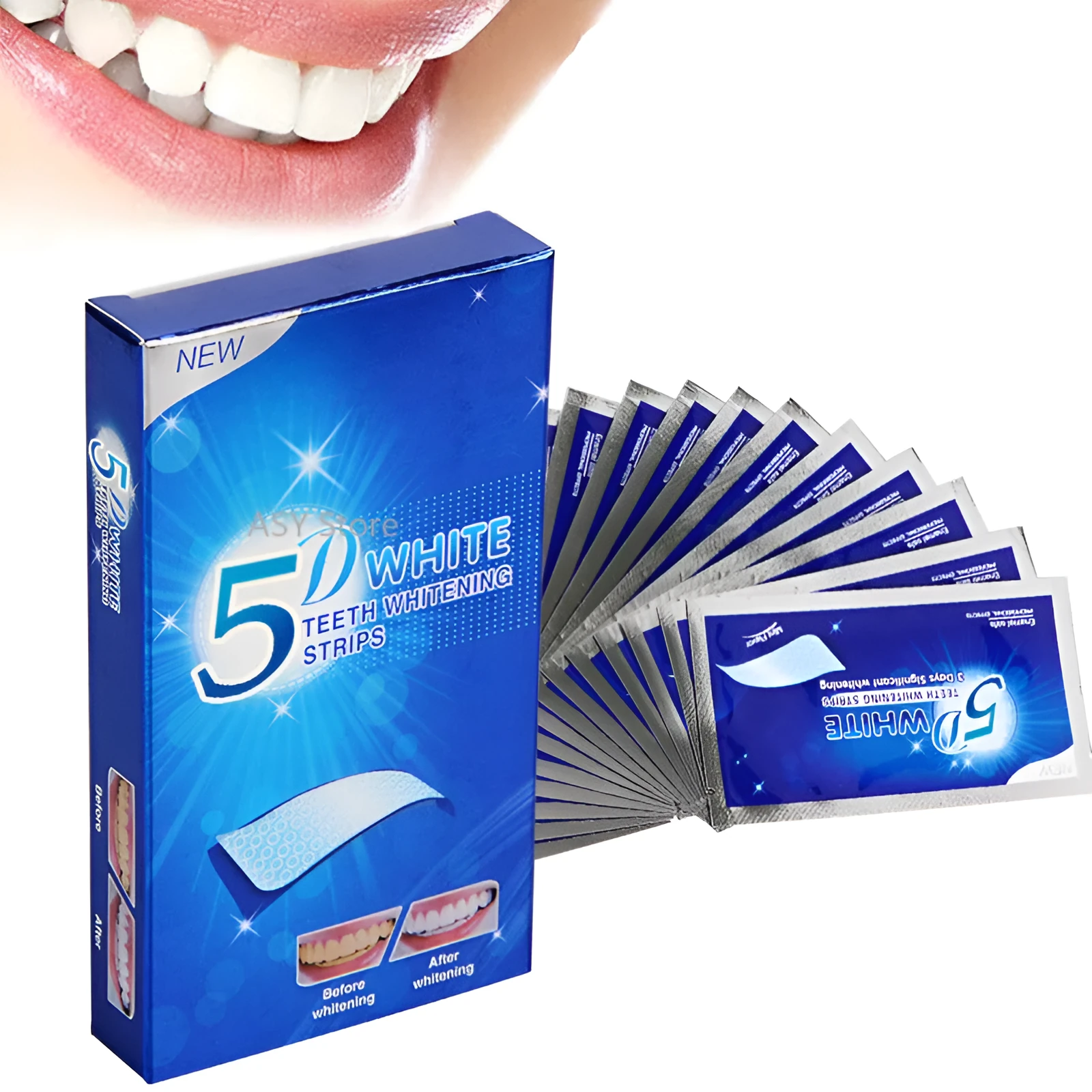 5D Gel Teeth Whitening Strips with mint flavour in photo colour packaging for false teeth and veneers