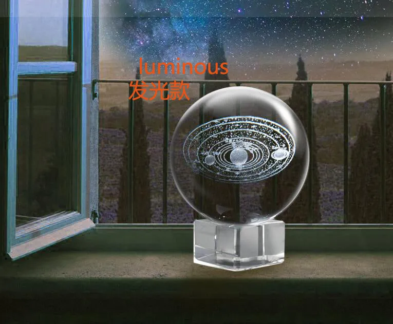 K9 crystal glass solar system ball with planets visible inside, available in 60mm 80mm 100mm sizes