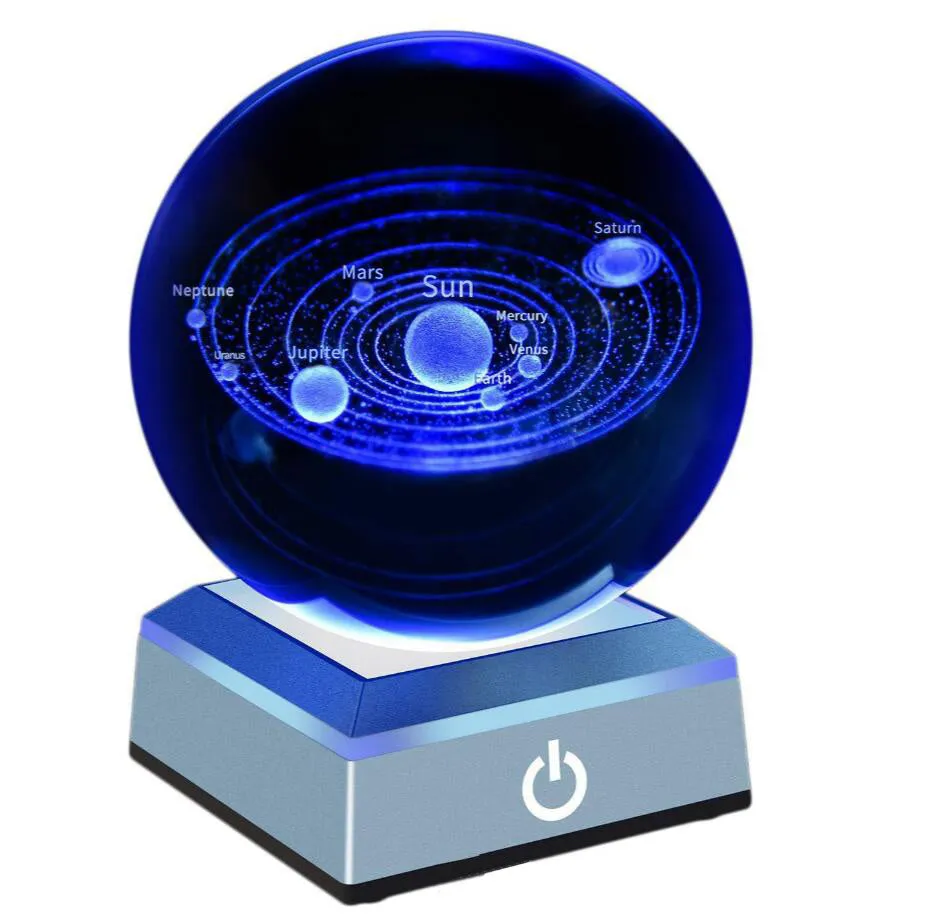 K9 crystal glass solar system ball with planets visible inside, available in 60mm 80mm 100mm sizes