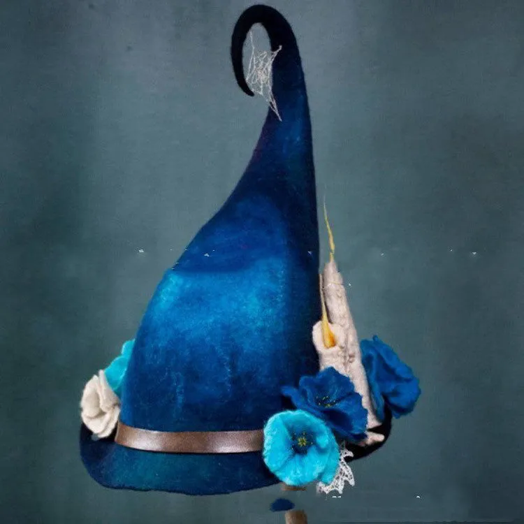 Women modern witch hat costume pointed cloth Halloween party hat in purple, fuchsia, blue, brown, red colours 36x39cm