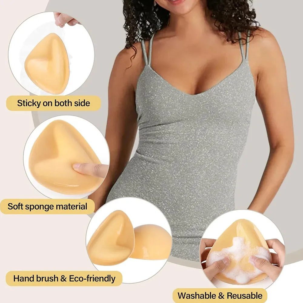 Double sided adhesive silicone bra inserts for push up lift in nude shades, reusable and water resistant