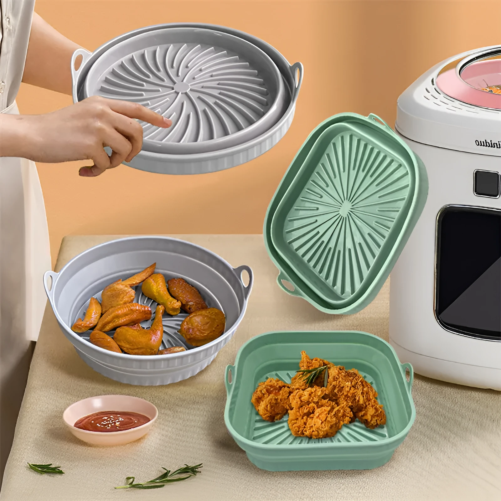Reusable silicone air fryer pot liner in round shape, non-slip baking tray, five colours available