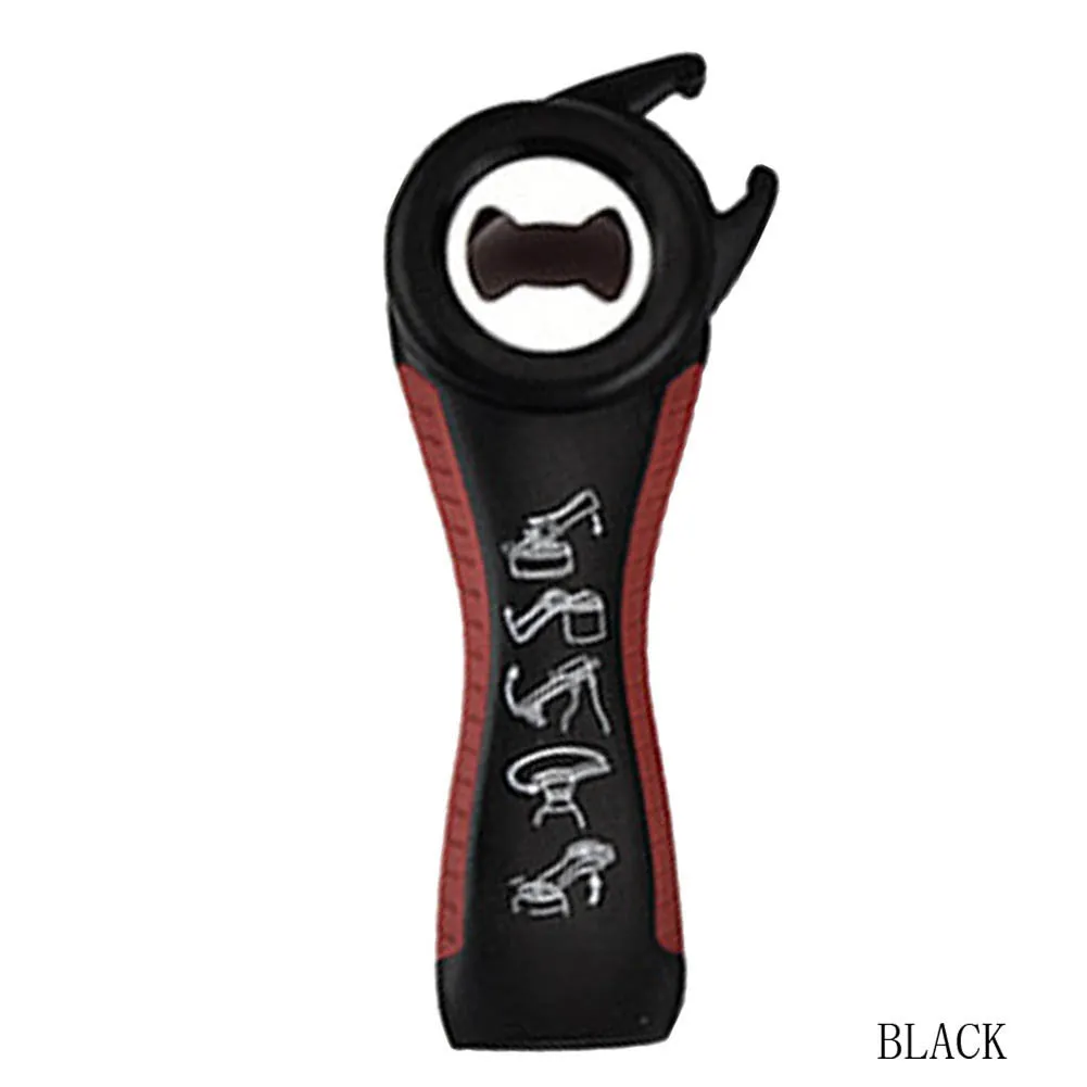 5-in-1 stainless steel can opener and beer bottle opener with black PP handle