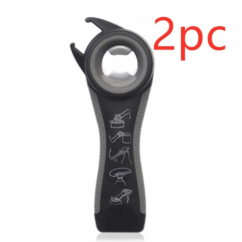 5-in-1 stainless steel can opener and beer bottle opener with black PP handle