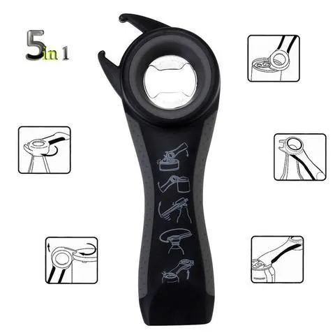 5-in-1 stainless steel can opener and beer bottle opener with black PP handle