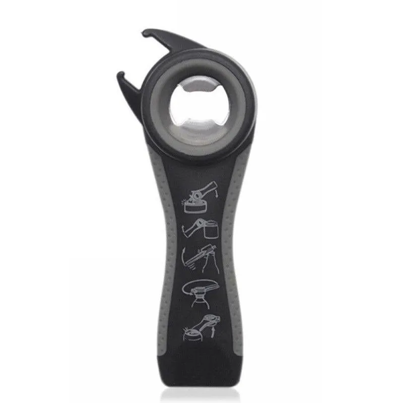 5-in-1 stainless steel can opener and beer bottle opener with black PP handle