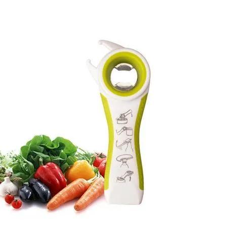 5-in-1 stainless steel can opener and beer bottle opener with black PP handle