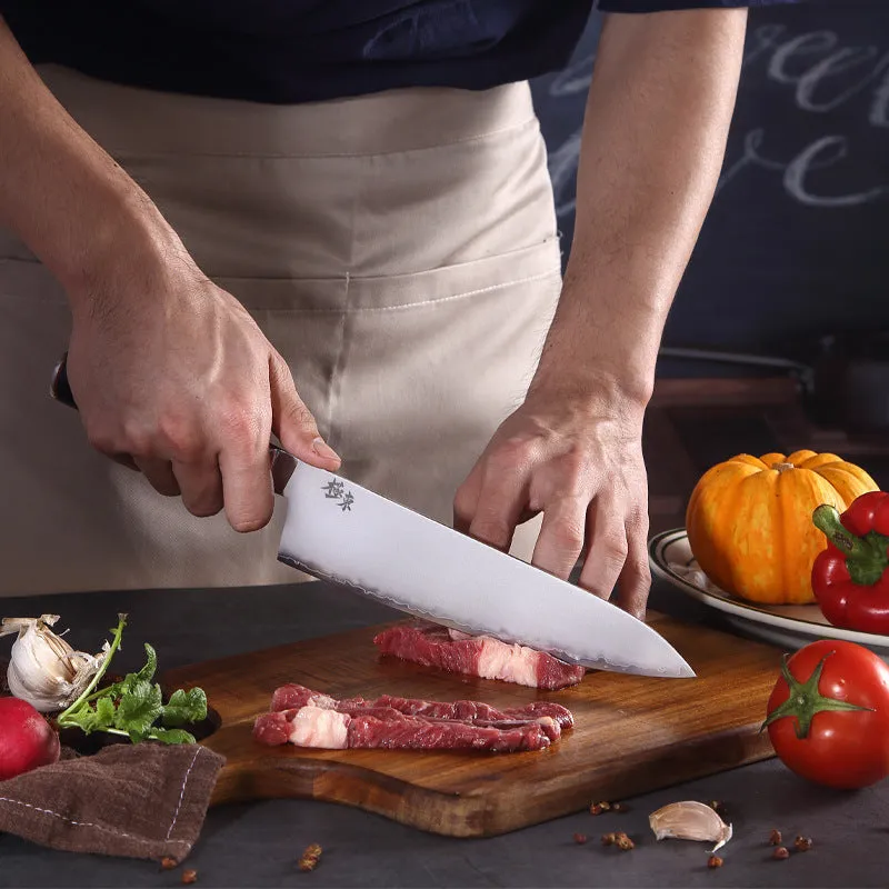 Sanhe Steel AUS-10 8-inch Japanese-style stainless steel butcher knife on cutting board