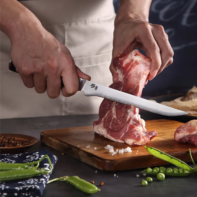 Sanhe Steel AUS-10 8-inch Japanese-style stainless steel butcher knife on cutting board