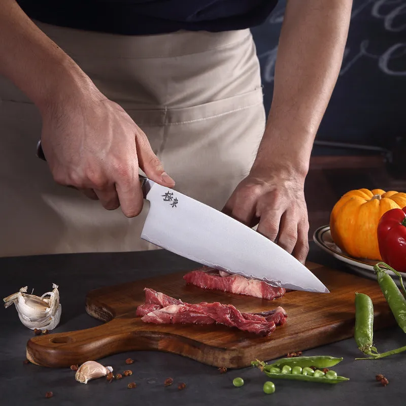 Sanhe Steel AUS-10 8-inch Japanese-style stainless steel butcher knife on cutting board