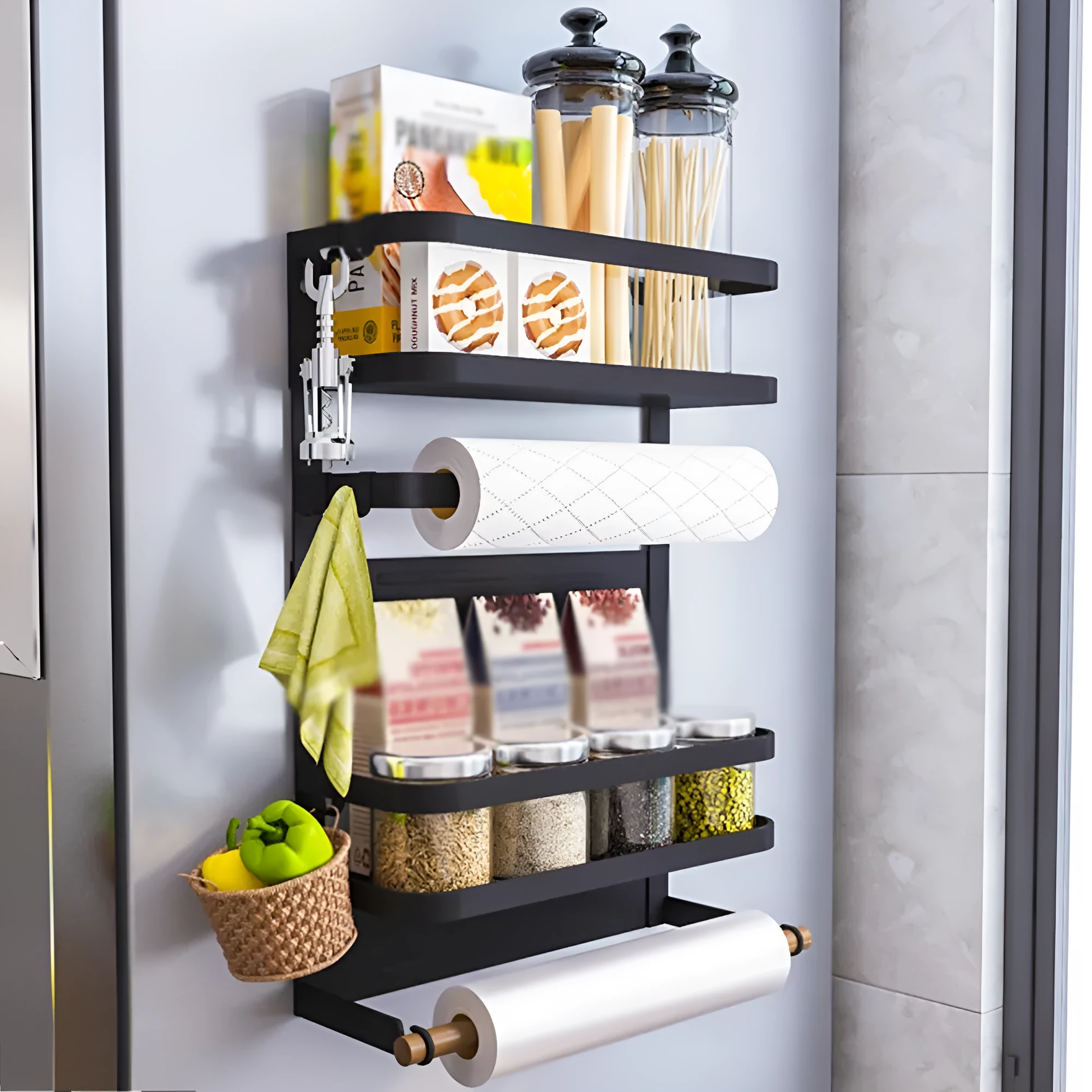 Magnetic wall-mounted kitchen side shelf in black on refrigerator with quick-draining metal design