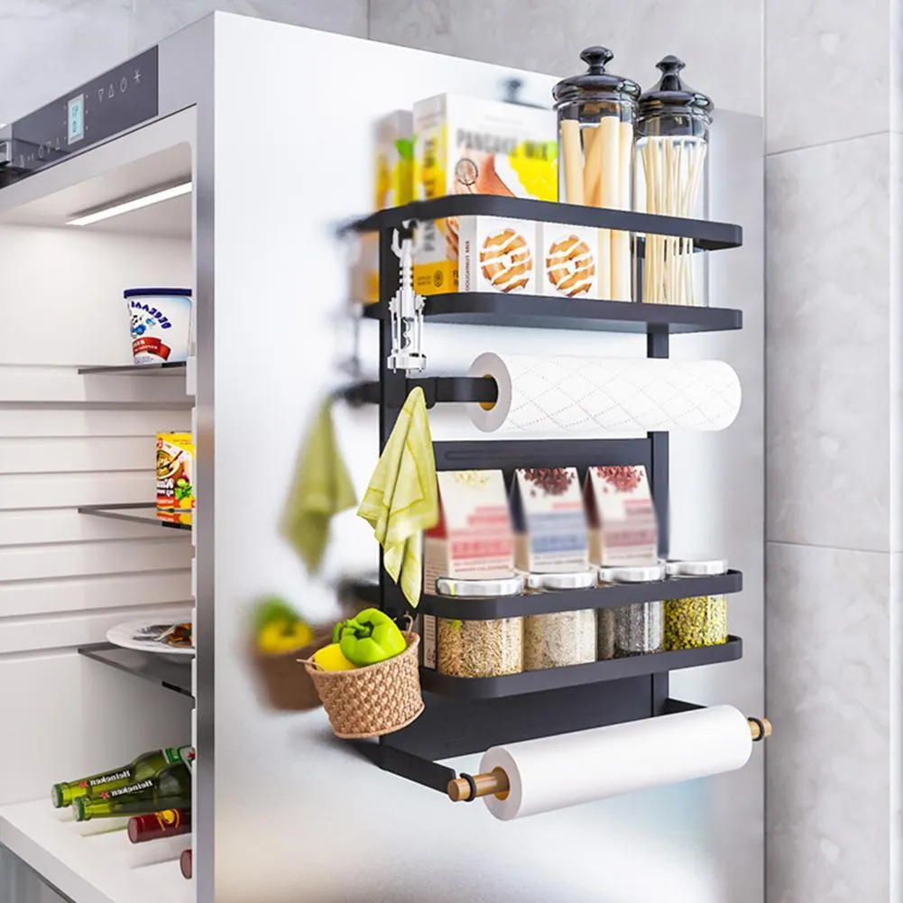 Magnetic wall-mounted kitchen side shelf in black on refrigerator with quick-draining metal design