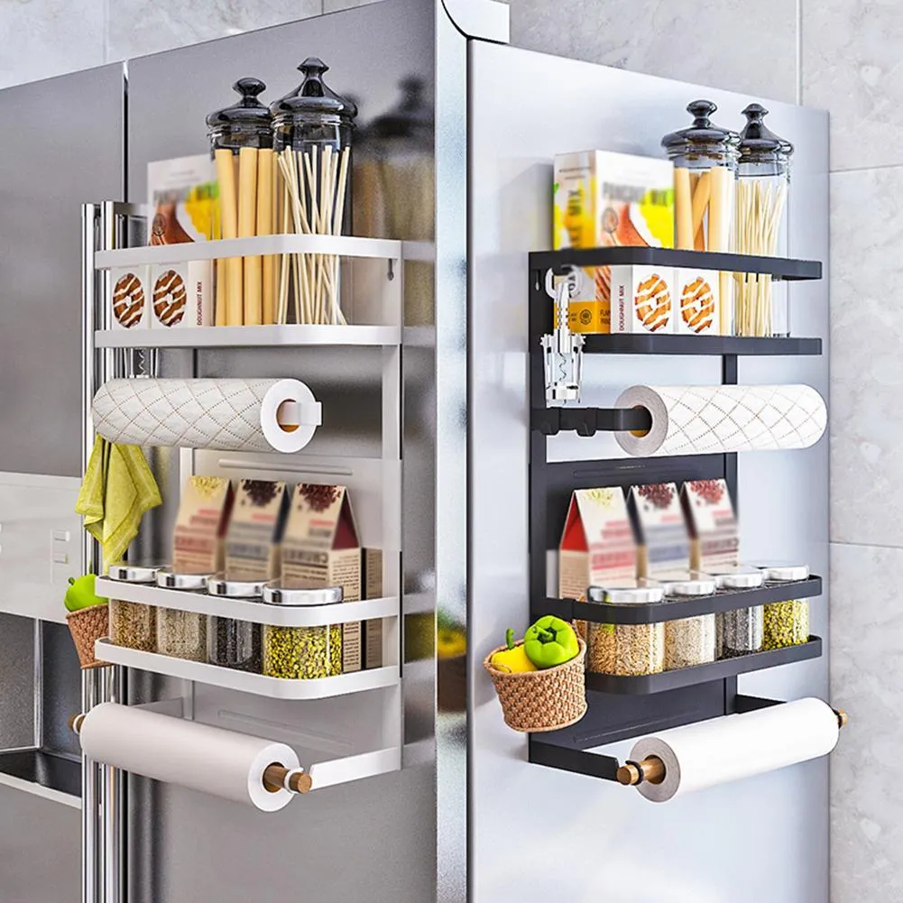 Magnetic wall-mounted kitchen side shelf in black on refrigerator with quick-draining metal design