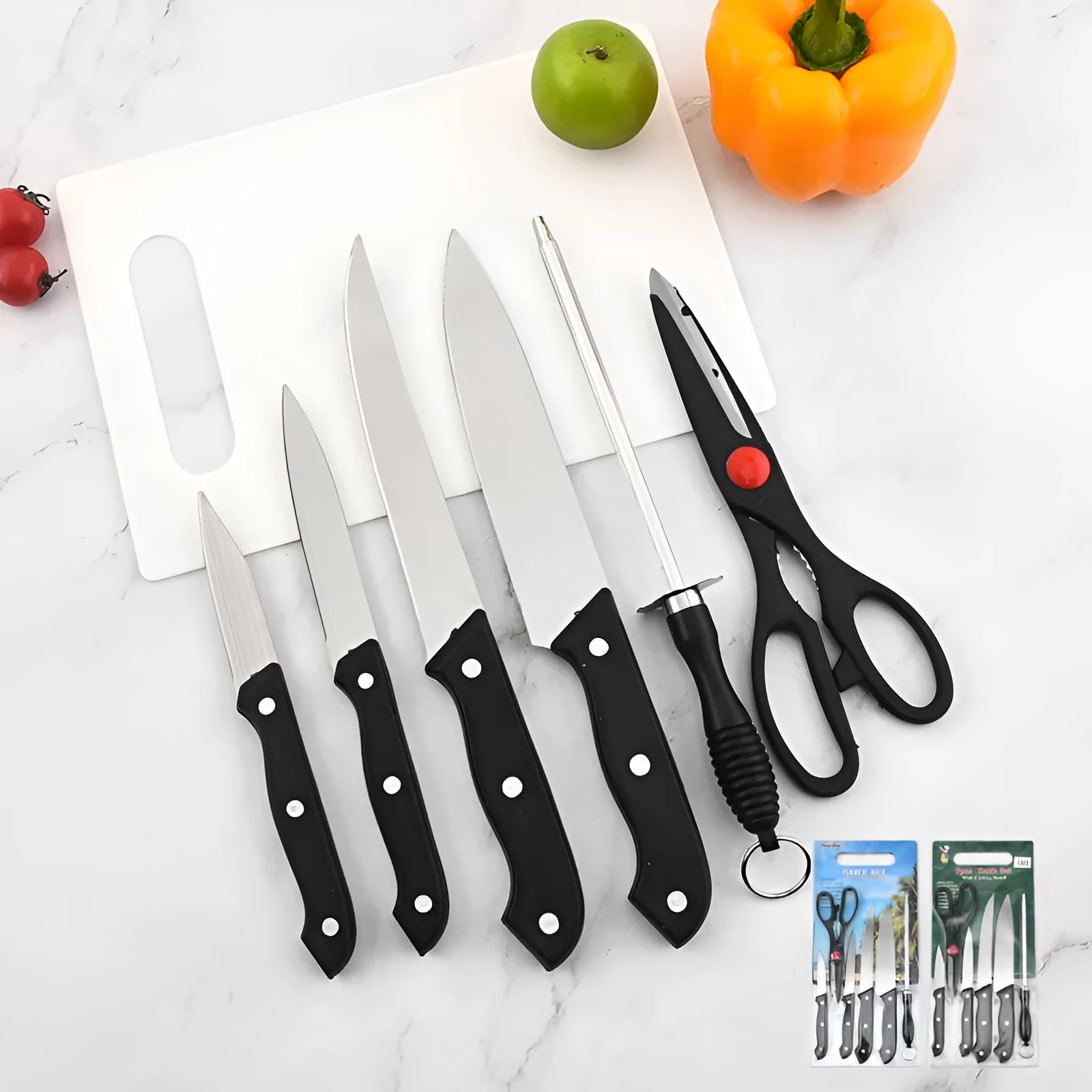 Stainless steel knife and A-style black cutting board set with 17.5 cm blade