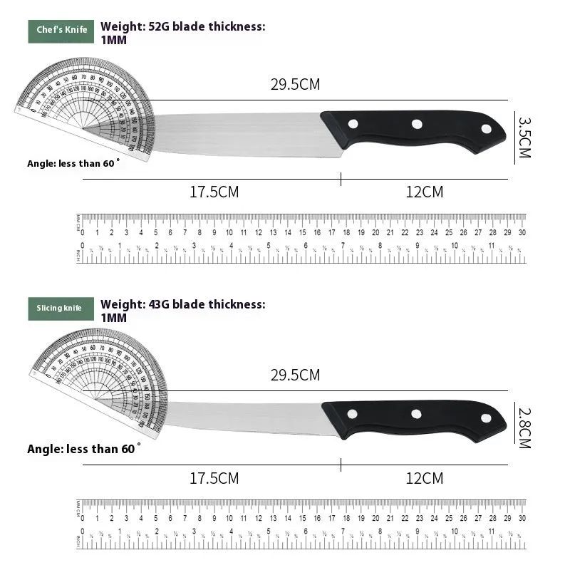 Stainless steel knife and A-style black cutting board set with 17.5 cm blade