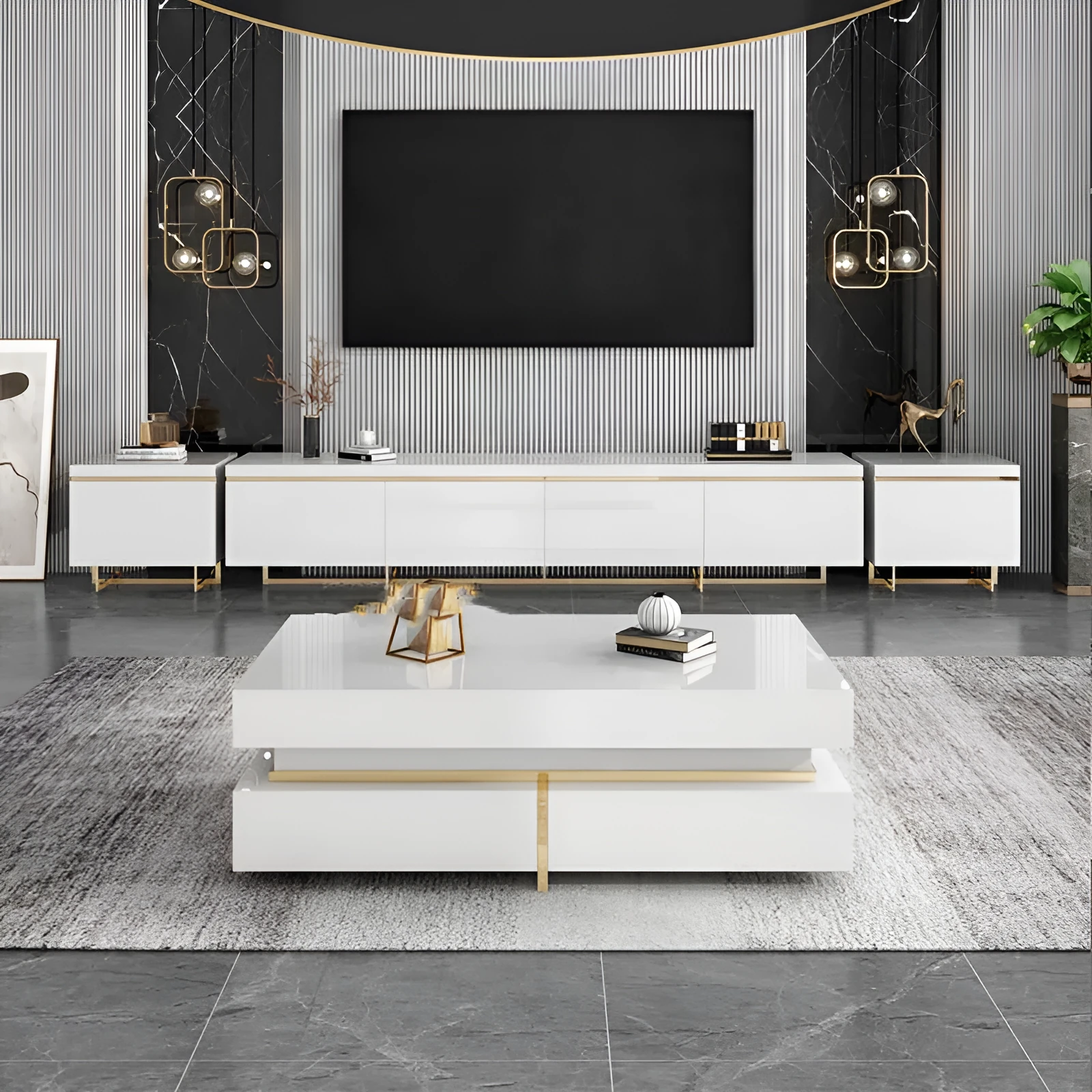 Modern minimalist tempered glass coffee table and TV cabinet set with baking paint finish in multiple sizes