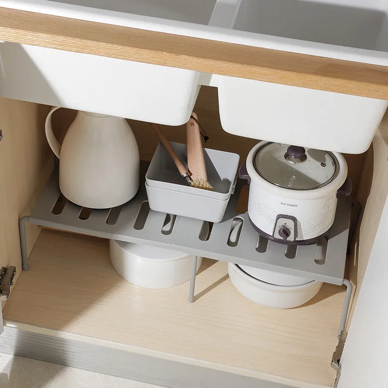 Retractable shelf kitchen supplies ABS plastic storage rack grey white adjustable width