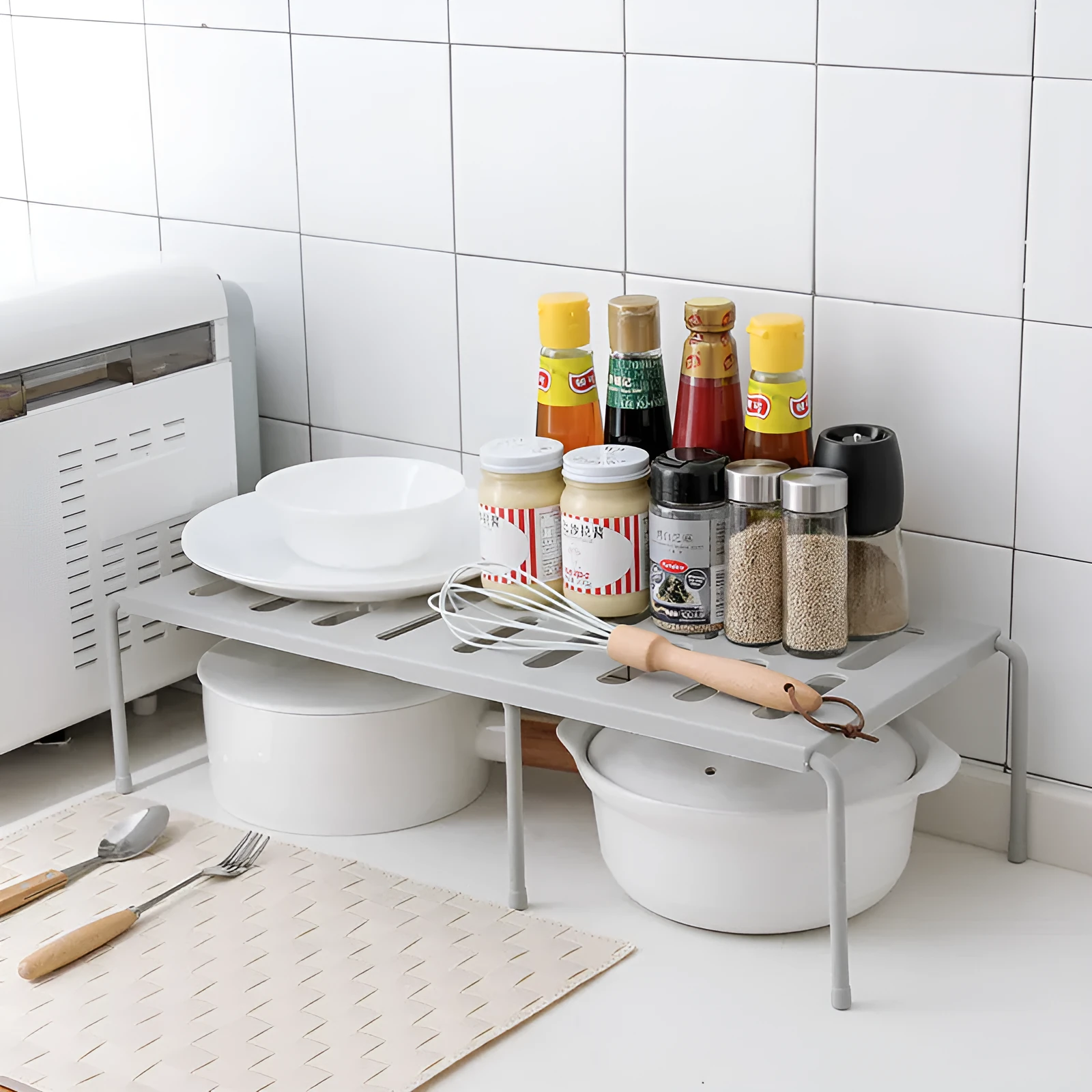 Retractable shelf kitchen supplies ABS plastic storage rack grey white adjustable width