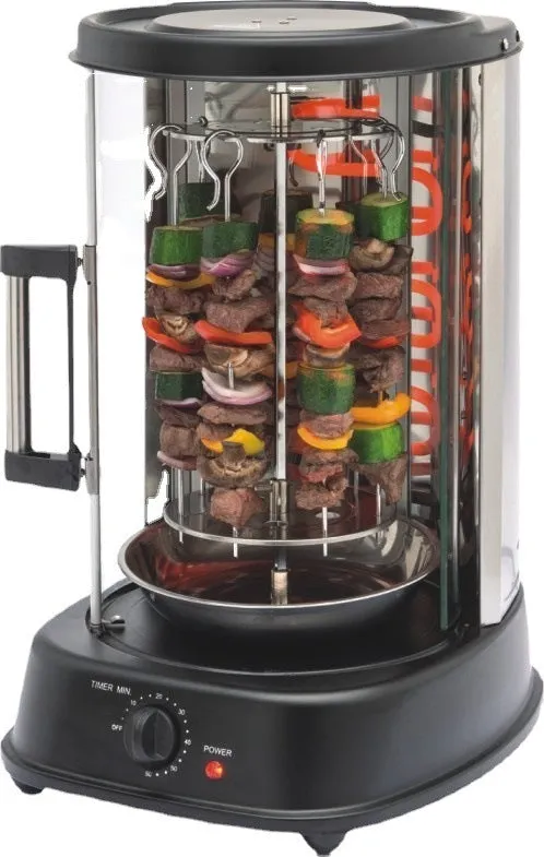 Black electric rotisserie oven with glass door and control knob for indoor smokeless grilling