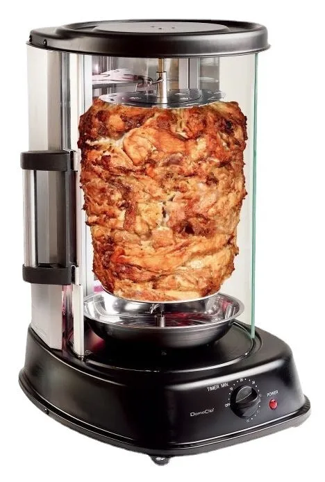Black electric rotisserie oven with glass door and control knob for indoor smokeless grilling