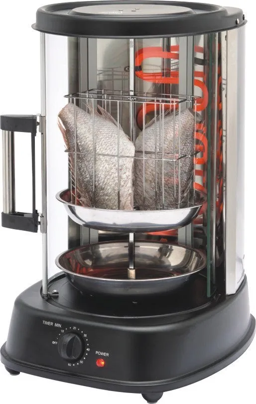 Black electric rotisserie oven with glass door and control knob for indoor smokeless grilling