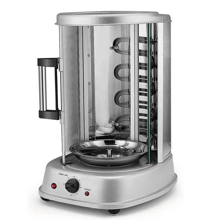 Black electric rotisserie oven with glass door and control knob for indoor smokeless grilling