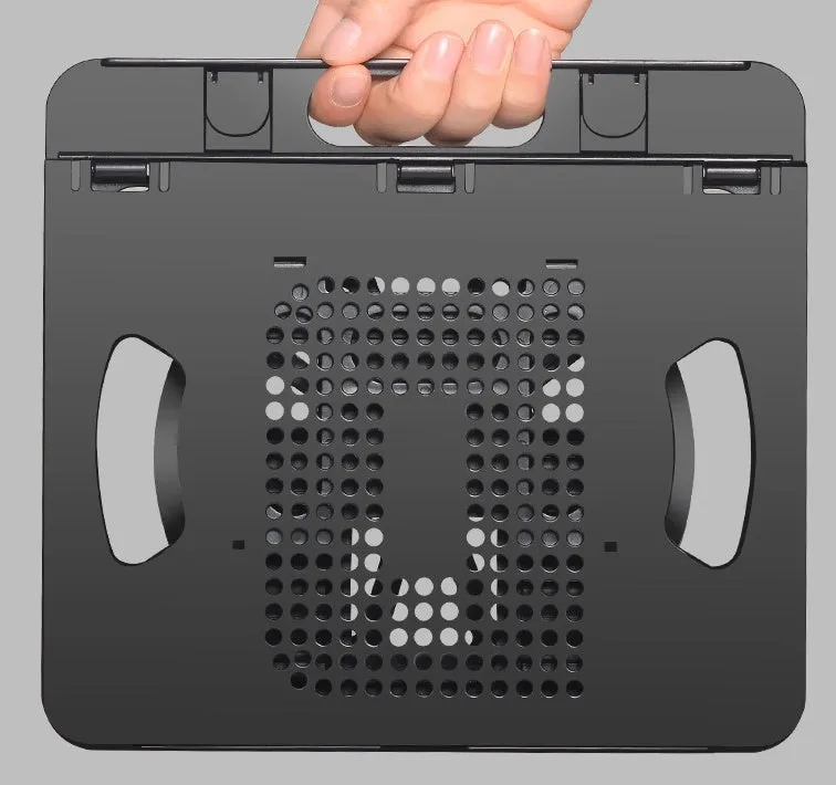 Adjustable portable laptop tablet cooling desktop stand in black, expanded view with eight gears