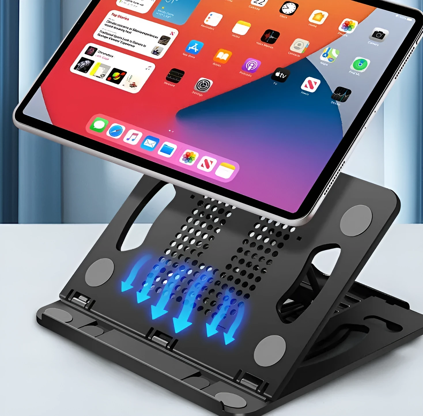 Adjustable portable laptop tablet cooling desktop stand in black, expanded view with eight gears