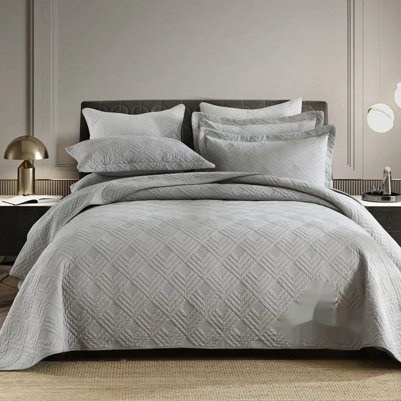 Double-sided pure cotton bed cover three-piece set with embroidery details and matching pillowcases