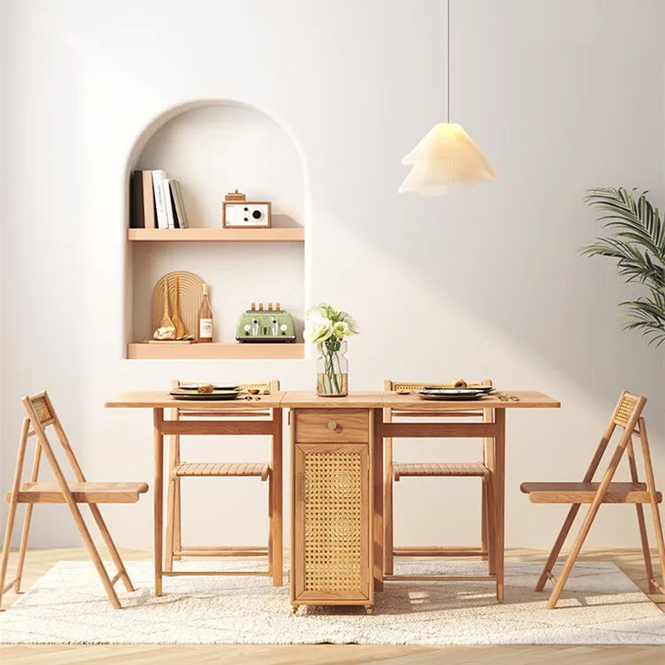 Home Multifunctional Rattan Log Folding Dining Table in original wood colour, folded for storage