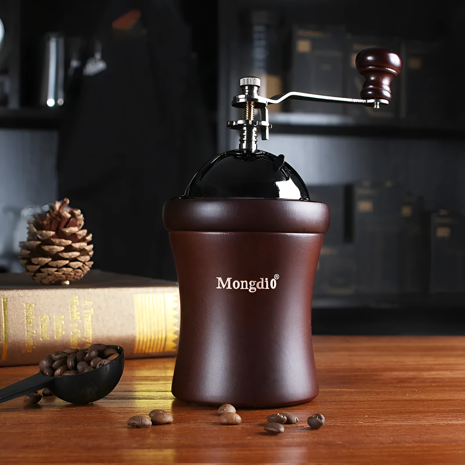 Manual coffee machine with solid wood barrel grinder and hand crank in coffee colour