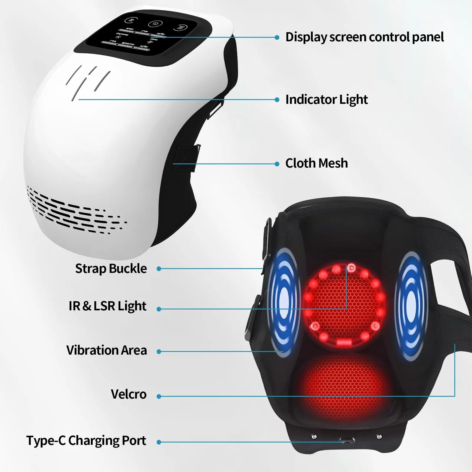 White intelligent electric knee massager with wrap-around design and USB cable