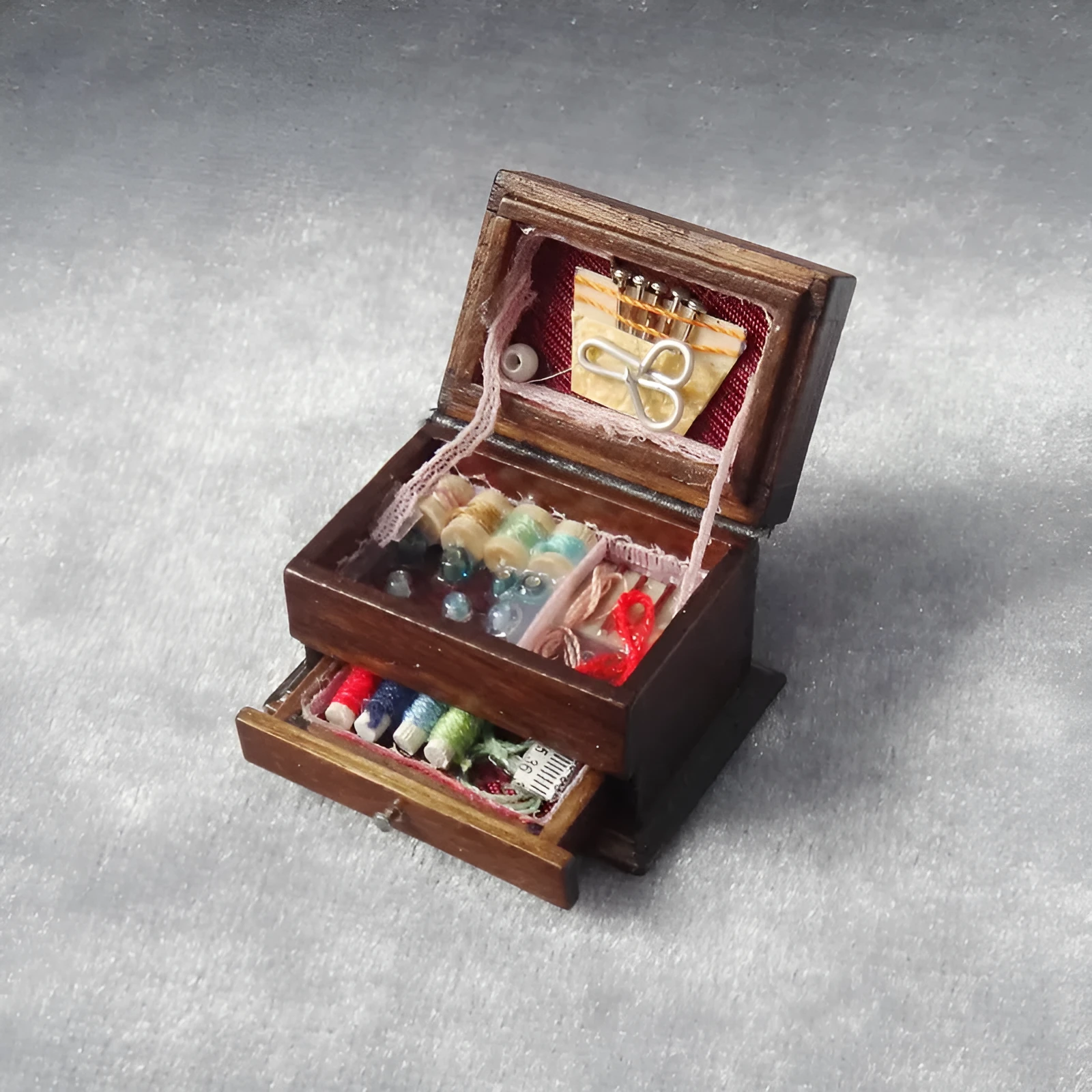 European style miniature wooden sewing kit box with double layer birch wood construction