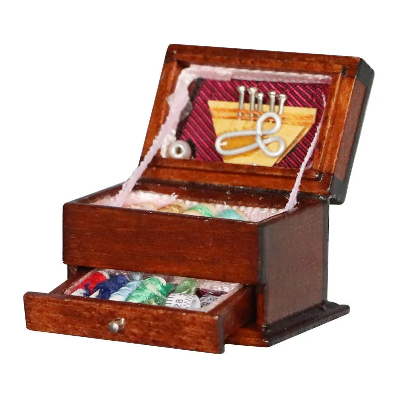 European style miniature wooden sewing kit box with double layer birch wood construction