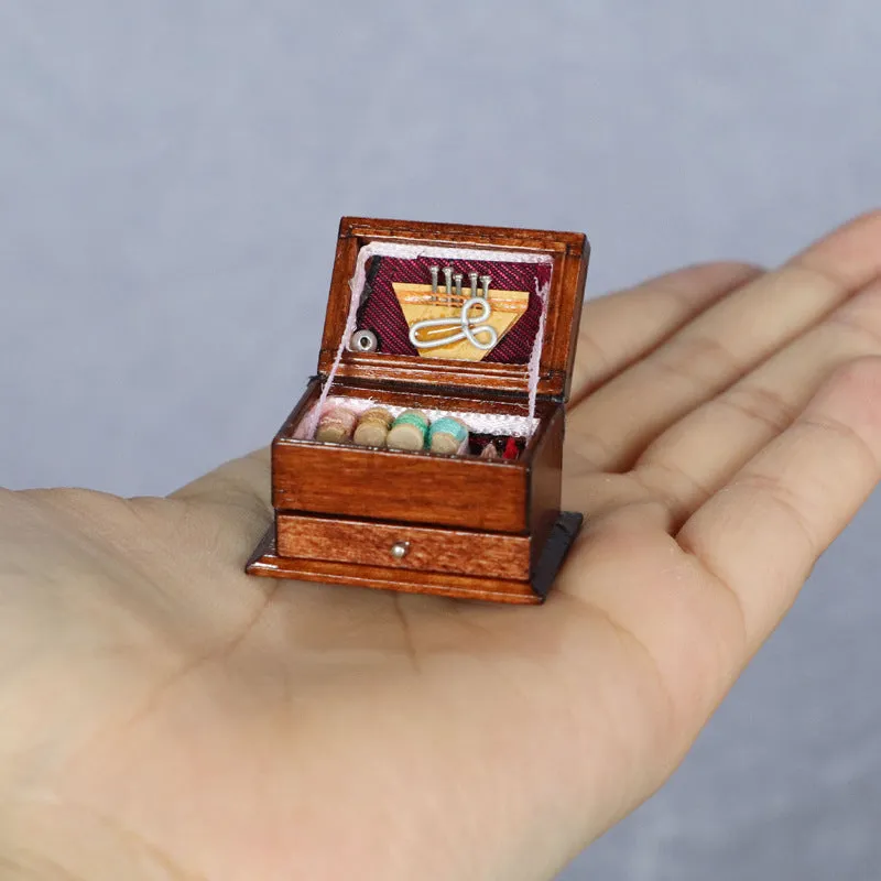 European style miniature wooden sewing kit box with double layer birch wood construction