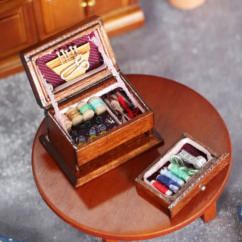 European style miniature wooden sewing kit box with double layer birch wood construction