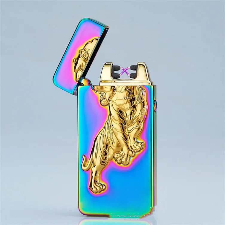 USB rechargeable metal windproof lighter with colour ice Golden Dragon design, size 73.5x35x13mm