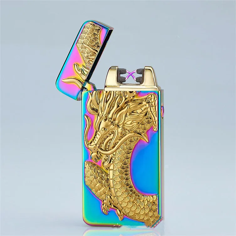 USB rechargeable metal windproof lighter with colour ice Golden Dragon design, size 73.5x35x13mm