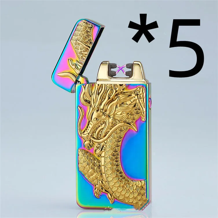 USB rechargeable metal windproof lighter with colour ice Golden Dragon design, size 73.5x35x13mm