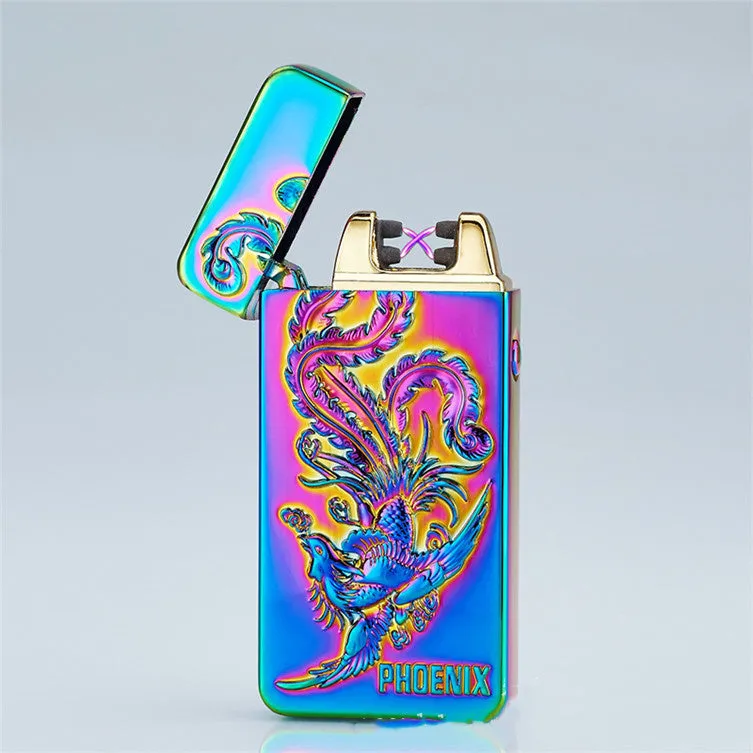 USB rechargeable metal windproof lighter with colour ice Golden Dragon design, size 73.5x35x13mm