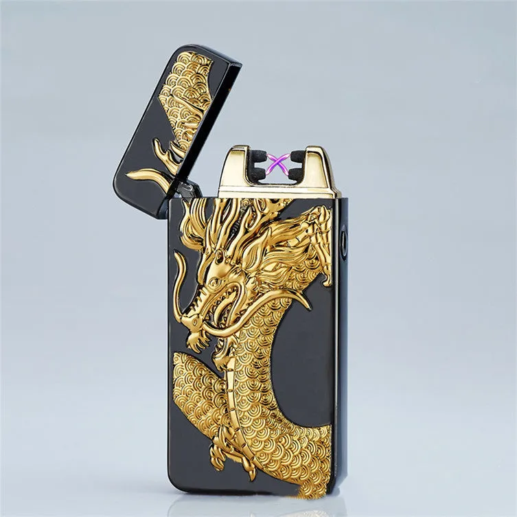 USB rechargeable metal windproof lighter with colour ice Golden Dragon design, size 73.5x35x13mm